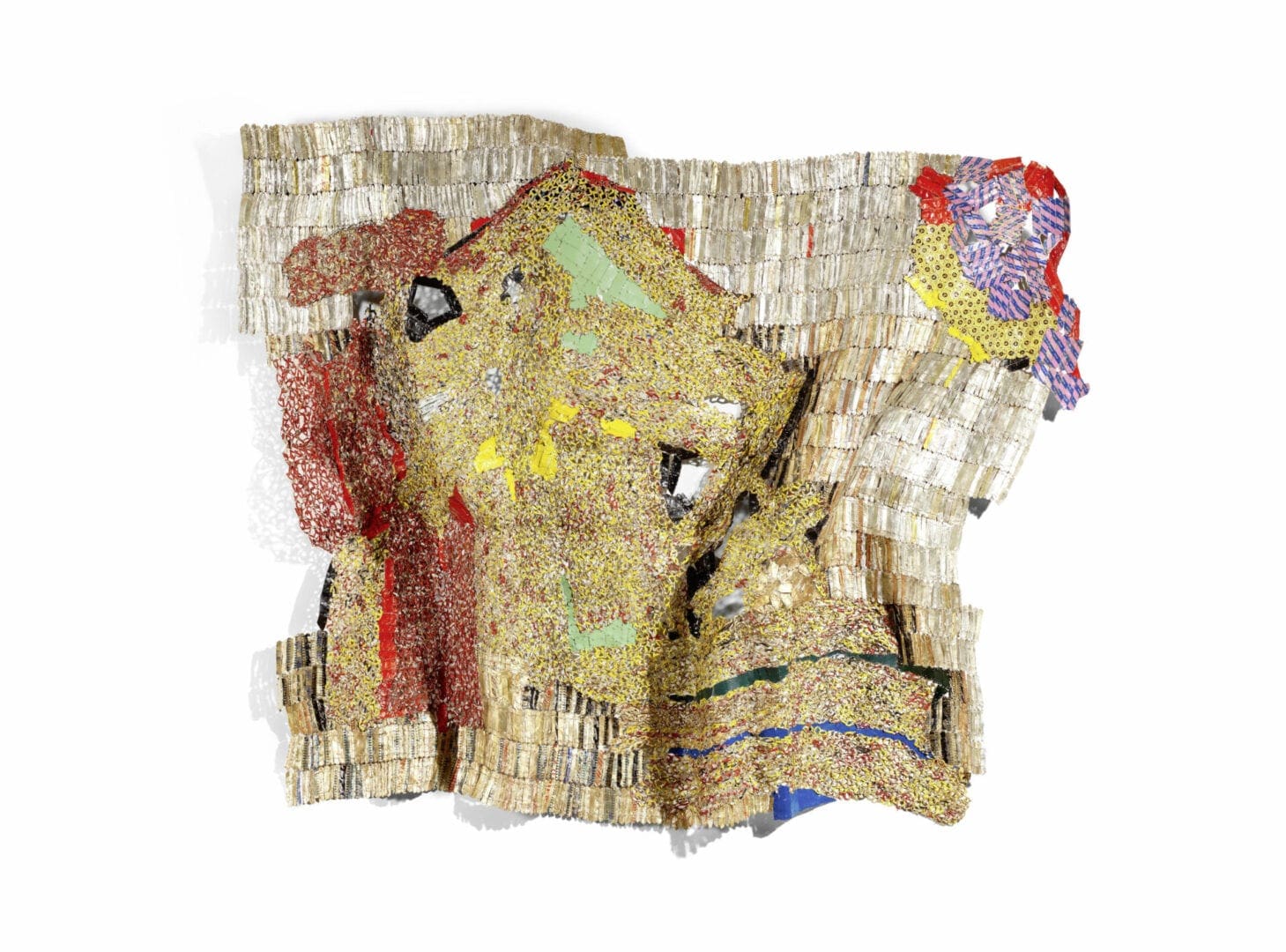 Abstract textured textile collage in gold and red