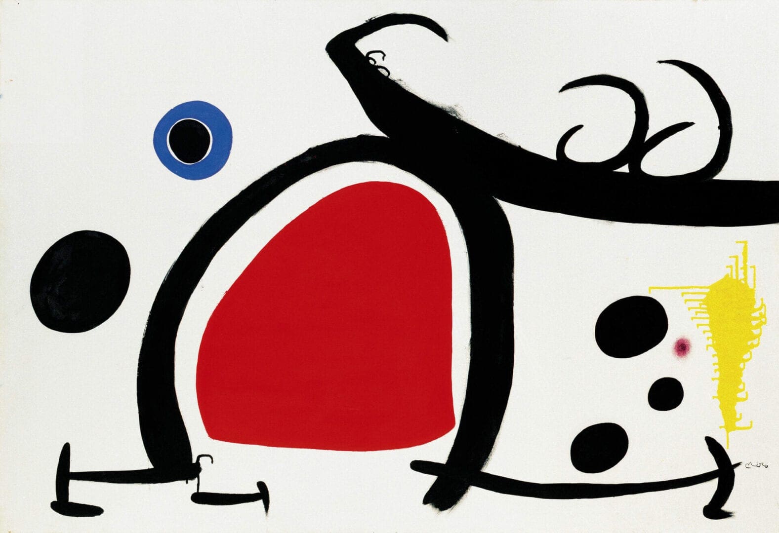 Abstract painting with red shape and black strokes