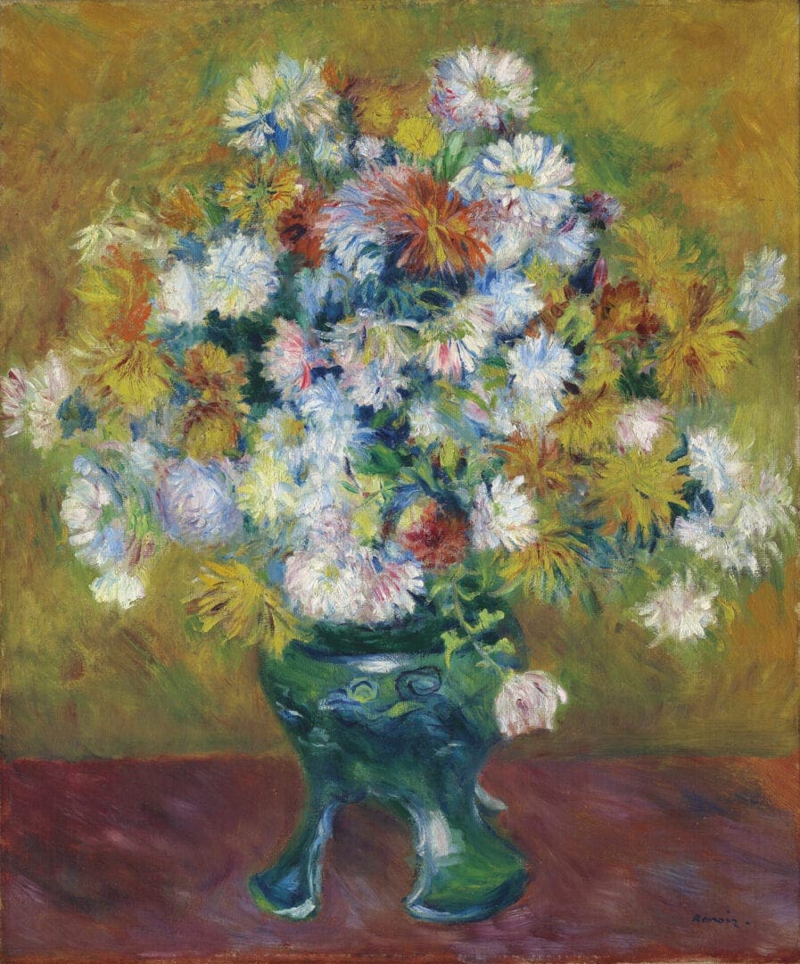Impressionist bouquet of flowers in green vase