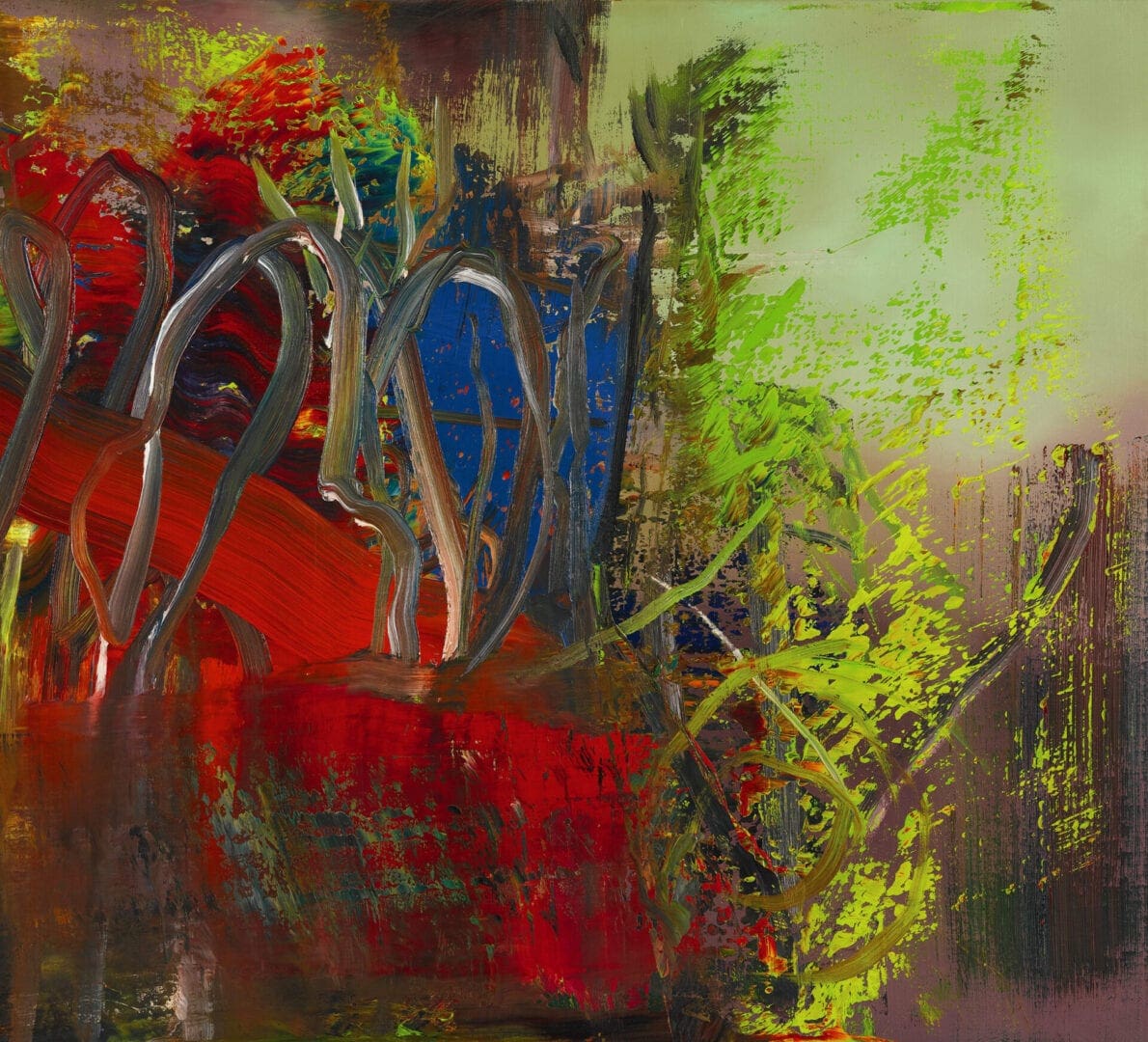 Abstract painting with red, green, and blue swirls