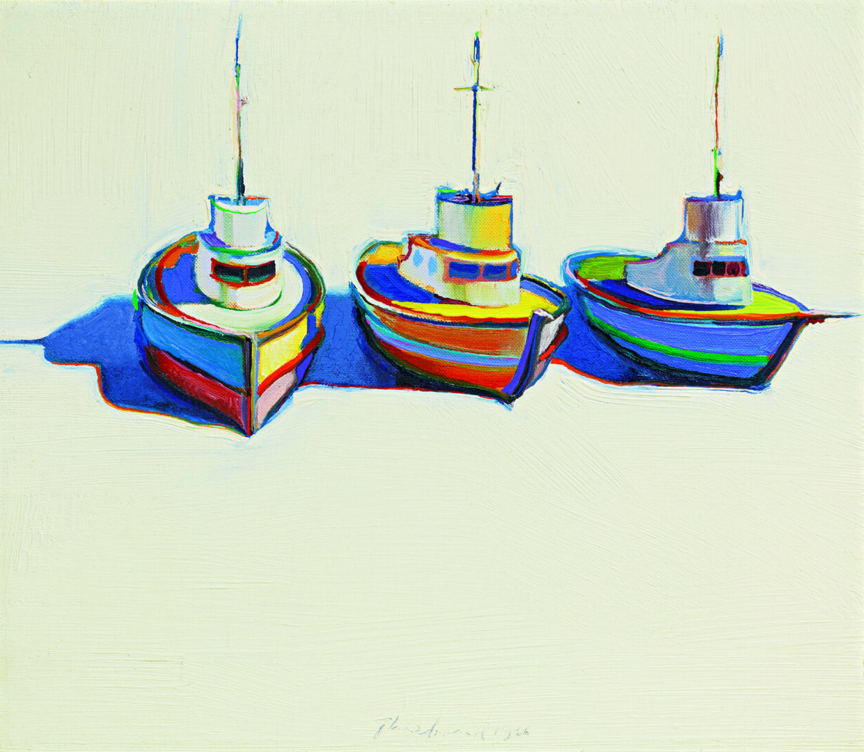 Three colorful boats casting blue shadows