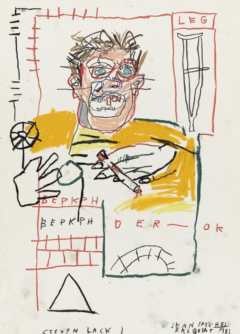 Crayon portrait with crutch and scribbled symbols