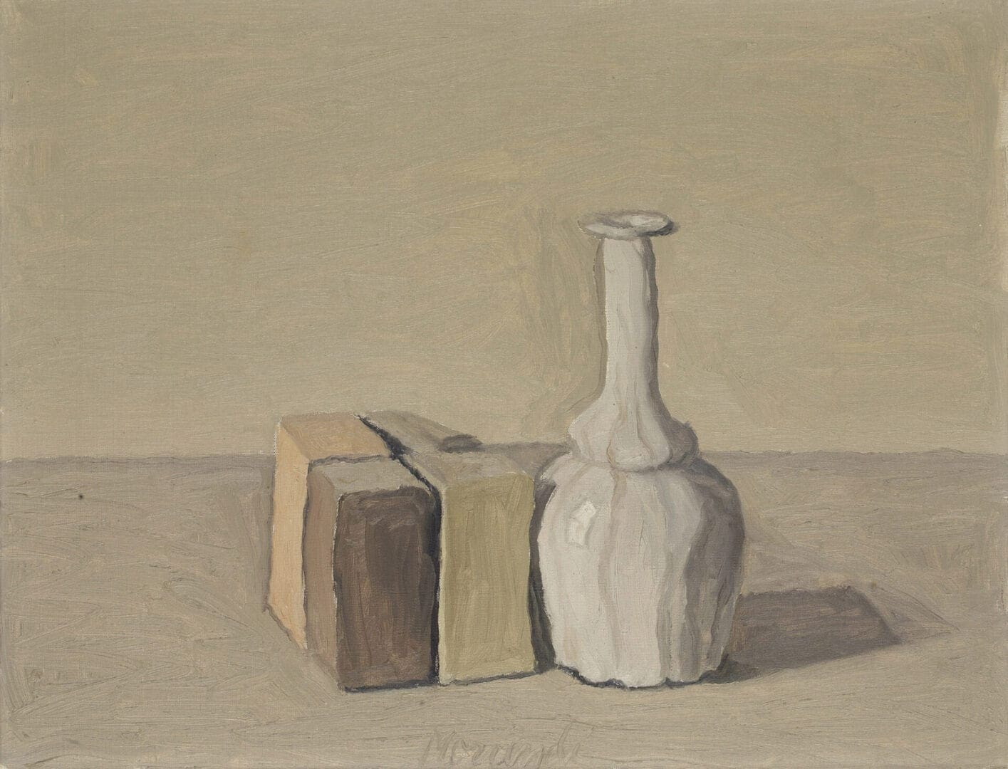 Muted still life with white bottle and blocks