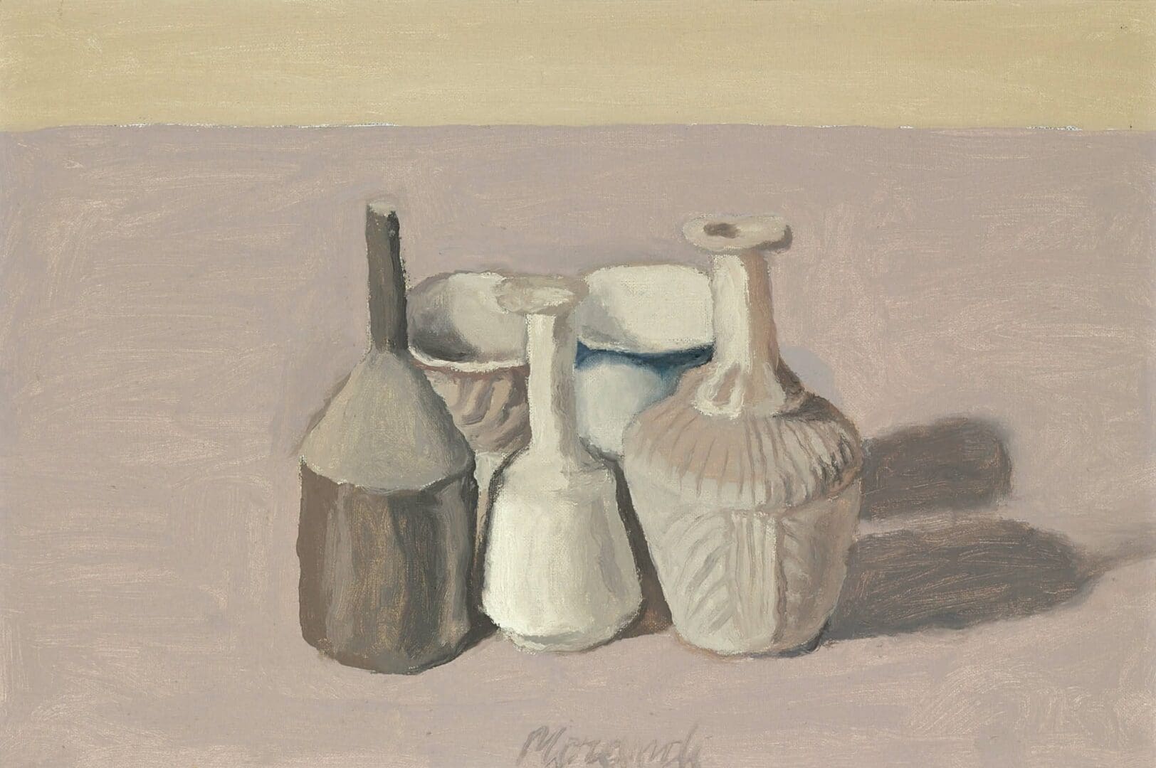 Muted still life of several ceramic bottles